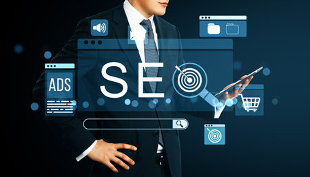 Businessman in suit using tablet with SEO graphics overlay, tech style, on dark background. Concept of digital marketing and website strategyの写真素材