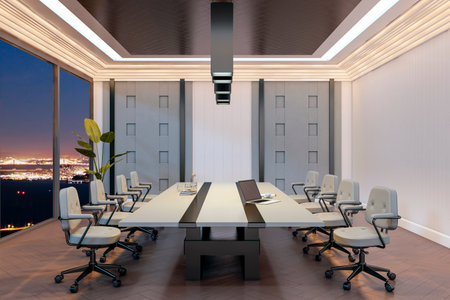 Empty modern boardroom with executive chairs, large desk, and night city view through glass windows, under ambient ceiling lights. 3D Renderingの写真素材