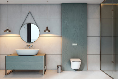 Elegant modern bathroom interior with wall-mounted toilet, stylish sink, round mirror, glass shower, and gray minimalist wall panels. 3D Renderingの写真素材