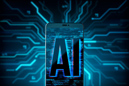 Smartphone showing AI text on screen with digital circuits, neon blue glowing background. Concept of artificial intelligence and technology. 3D Renderingの写真素材