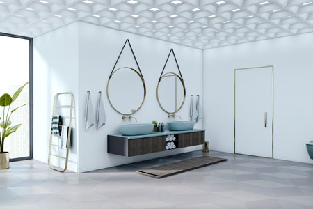 Modern bathroom interior with twin mirrors, vessel sinks, and chic decor on a stylish geometric floor in a bright elegant home. 3D Renderingの写真素材