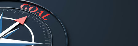 Red arrow on compass pointing towards the word GOAL, dark background, clean modern design, concept of direction and strategic business target. 3D Renderingの写真素材
