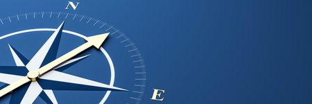 Golden compass icon pointing north on a blue background symbolizing navigation, leadership, and business direction with copy space. 3D Renderingの写真素材