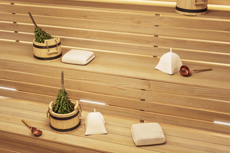 Wooden sauna interior with traditional accessories including buckets, towels, and hats on benches, warm lighting background. 3D Renderingの写真素材