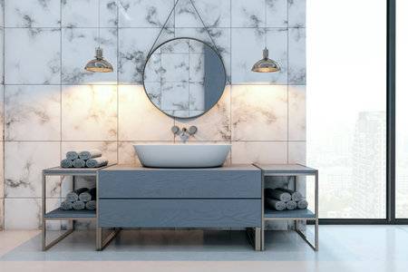 Contemporary bathroom with marble wall tiles, round mirror, and stylish sink cabinet, city view through window. Concept of luxury and hygiene. 3D Renderingの写真素材