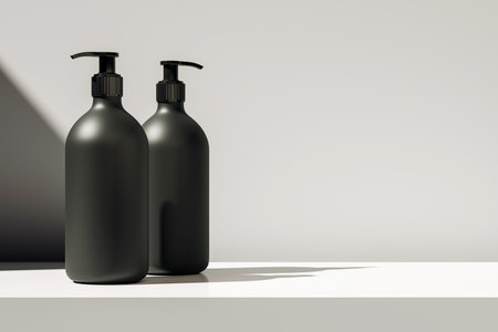 Two black pump bottles on white shelf with sunlight and shadows, minimal style on neutral background. Concept of cosmetic or soap branding. 3D Renderingの写真素材