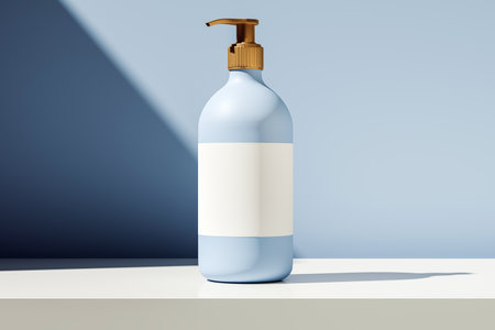 Blue pump bottle with blank label standing on clean white surface, modern light and shadow effect, minimalist branding and cosmetic concept. 3D Renderingの写真素材