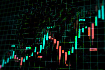 Candlestick forex chart with buy and sell signals, digital graphic style on black background,...