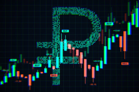 Candlestick chart with Russian ruble symbol integrated into a digital dark background, symbolizing forex trading, currency market, and financial data. 3D Renderingの写真素材