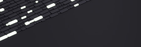 Abstract black background with glowing diagonal blocks, modern tech texture design, clean empty space for template or futuristic concept. 3D Renderingの写真素材