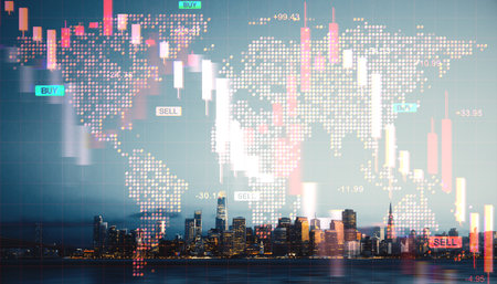 City skyline at dusk with glowing candlestick chart and world map overlay, representing global financial crisis and market collapse conceptの写真素材