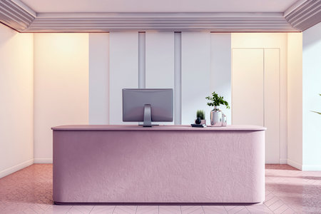 Minimalist pink reception desk with computer and plants in modern office lobby interior, soft lighting, white wall background, branding concept, 3D Renderingの写真素材
