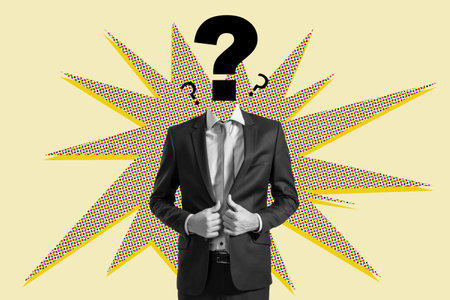 Confident businessman with question mark instead of head, pop-art style burst background, light...