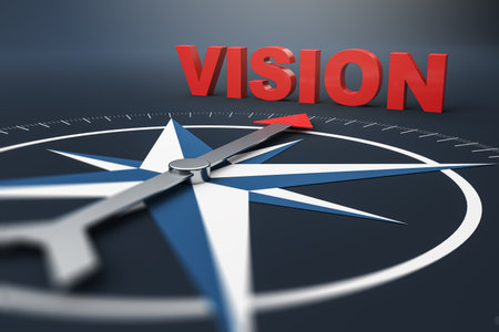 A compass with red arrow pointing to the word VISION in bold red letters on a dark gradient background. Concept of strategy, leadership, and direction. 3D Renderingの写真素材