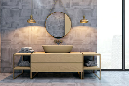 Contemporary bathroom interior with minimalist wood vanity, round mirror, and concrete tile walls, city view background, elegant ambiance. 3D Renderingの写真素材