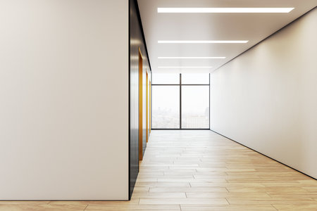 Empty modern office corridor interior with wooden floor, clean white walls, and panoramic city window background. 3D Renderingの写真素材