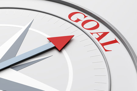 Compass with red arrow pointing to word GOAL, clean white background, symbolizing business direction, strategy, leadership, and success. 3D Renderingの写真素材