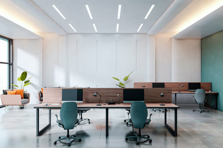 Contemporary empty office interior with modern furniture, minimalist design, and computers on desks in a clean, well-lit business environment. 3D Renderingの写真素材
