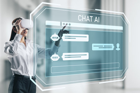 Woman in white shirt using VR headset interacts with a holographic chat AI interface in a modern office background, concept of virtual techの写真素材