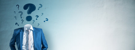 Headless man in suit with question mark signs above, abstract style on light blue wall background,...