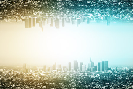 Mirrored city skyline with glowing light in center, stylized photography, gradient sky background, concept of surreal urban sunriseの写真素材