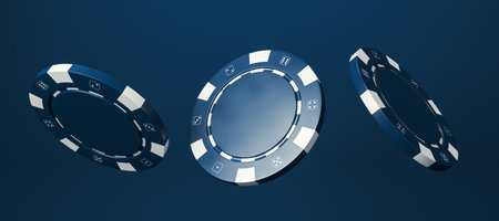 Three blue poker chips falling in motion on a clean dark blue gradient background. 3D Rendering concept for gambling, jackpot, and casino successの写真素材