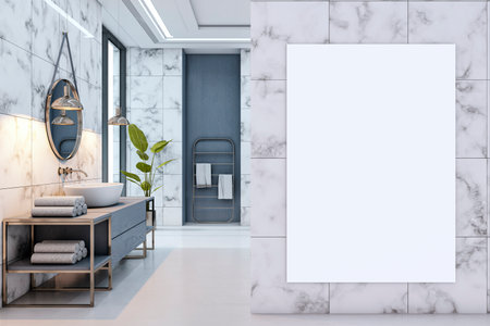 Vertical mockup poster on marble wall in stylish modern bathroom interior with elegant furniture, clean decor, and soft lighting. 3D Renderingの写真素材