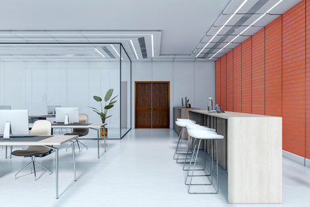 Empty modern office with minimalist desks, bar island and stools, red brick wall, and glass partitions in a luxury corporate workspace. 3D Renderingの写真素材