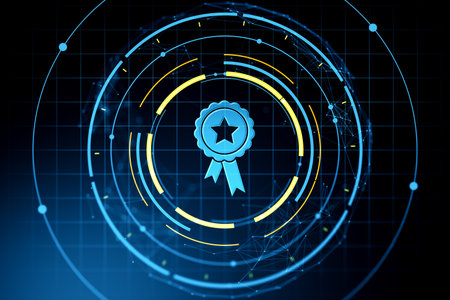 Blue certificate ribbon icon in futuristic digital style on a dark neon hologram background with...