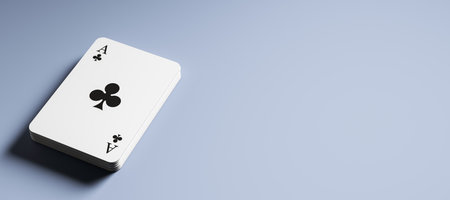 Stack of poker cards with ace of clubs on top, clean 3D Rendering style, placed on light blue...