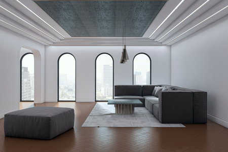 Contemporary living room with dark couch, rug, and wood floor, large arched windows, modern ceiling...