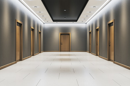 Symmetrical corridor with wooden doors, modern graphic style, clean tiled floor and walls,...