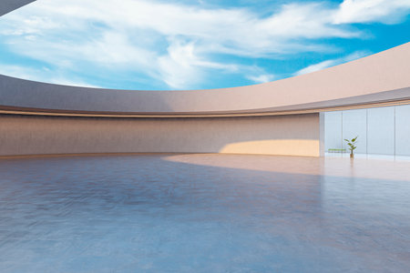 Open circular architectural space with modern concrete walls and blue sky background, showcasing minimalist design concept. 3D Renderingの写真素材