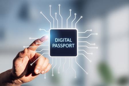 Hand interacts with glowing digital passport icon with circuit lines on blurred background, light...