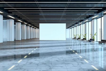 Empty modern lobby interior with blank wall, 3D Rendering style, marble floor and bright glass...