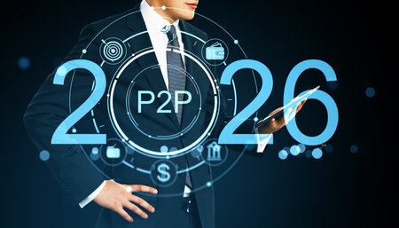 Businessman with tablet and glowing P2P 2026 interface icons in modern holographic style on dark background, symbolizing fintech and businessの写真素材