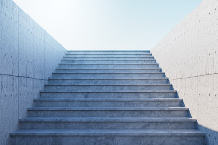 Empty concrete staircase in modern architectural style, leading upward between walls, under bright sky background. Concept of growth and ambition. 3D Renderingの写真素材