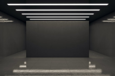 Dark empty room with blank central wall, modern ceiling lights, glossy floor, black interior backdrop for exhibition or showroom mockup. 3D Renderingの写真素材
