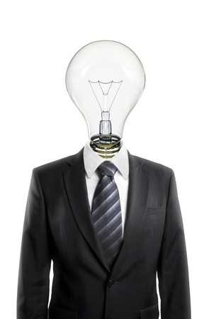 Businessman in dark suit with a lightbulb instead of headの写真素材