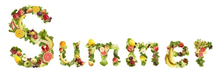  The word SUMMER made of  fruits and vegetables on a white backgroundの写真素材