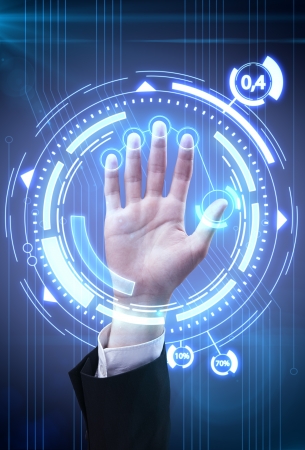 Technology scan hand for security or identification.Hand with scanner and computer interface Technology scan hand for security or identification.Hand with scanner and computer interface