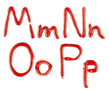 letters made of ketchup on white backgroundの写真素材