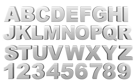 Silver full 3d alphabet with numerals.Isolated on a white background Silver full 3d alphabet with numerals.Isolated on a white background