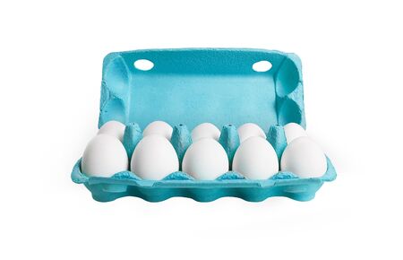  Ten white eggs in a carton box. Isolated on a white backgroundの写真素材
