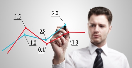 Young business man drawing a graph on a glass window in an office - focus is on graph. Businessman drawing a rising arrow, representing business growth. の写真素材