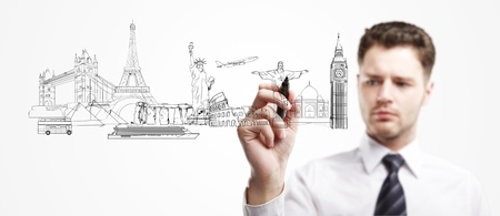 man draws outline a architectural buildingsの写真素材