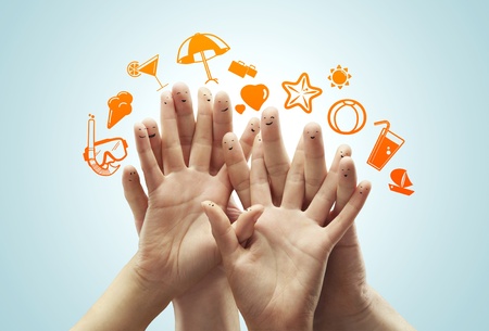 Happy group of finger smileys dream of travelling
