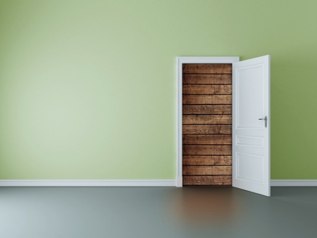 room with opened door to wood wallの写真素材