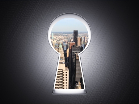 skyscrapers is visible through keyholeの写真素材