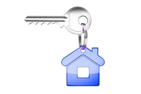 key with blue key chain in form of houseの写真素材